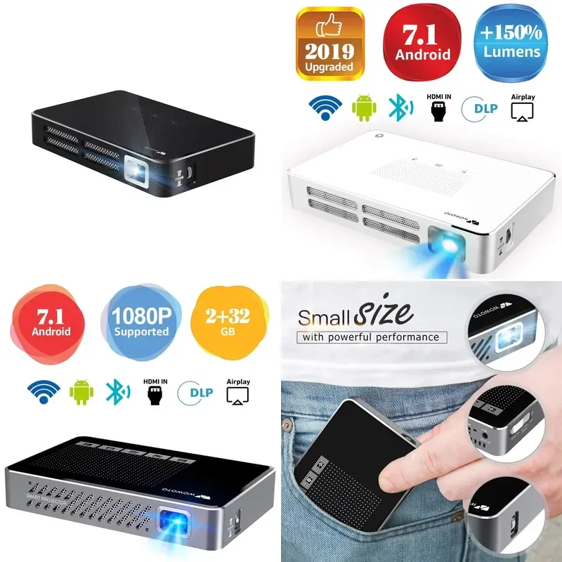 Pocket Projector A6 Android Smart Mini Projector 4K 1080P DLP 3D LED Light Source With Built-in Speaker UK Plug AC Lens