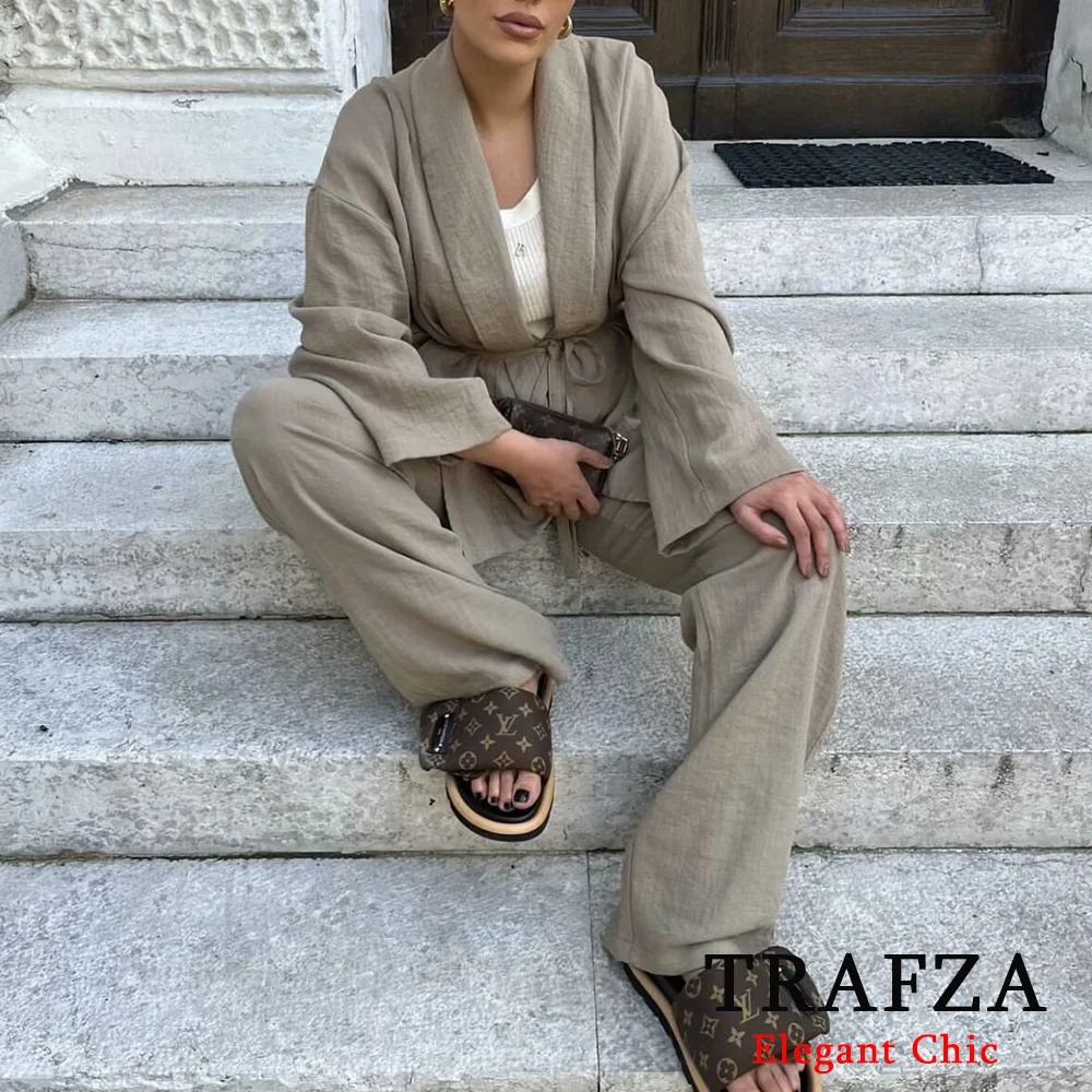 TRAFZA Casual Solid 2 Piece Women Set Fashion 2024 Summer Texture Long Sleeve Kimono-Style Outerwear+Pajama Pants NightWear Suit