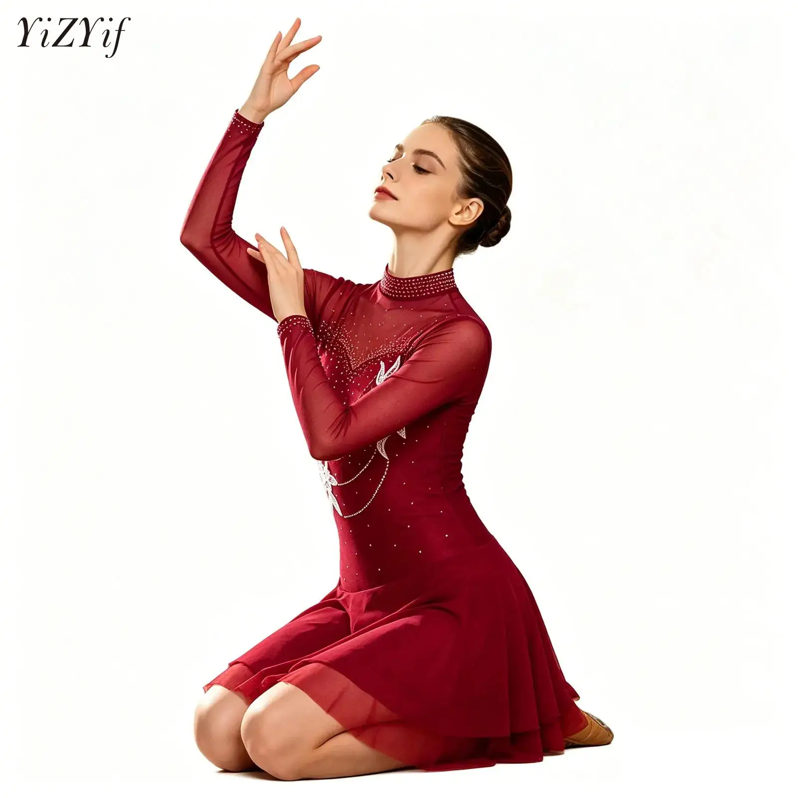 

Women Ballet Dance Dress Figure Skating Lyrical Dance Gymnastics Costume 3D Flower Applique Rhinestones Sheer Mesh Leotard Tutu