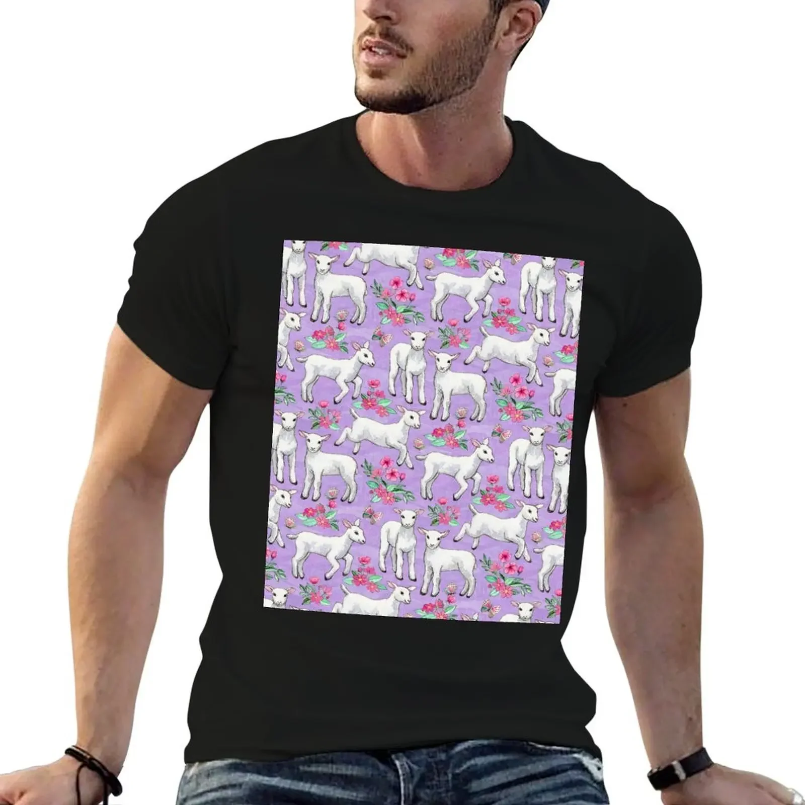 

Lambs on Lilac with Spring Flowers in Watercolor T-Shirt kawaii clothes custom t shirt shirts graphic tee men