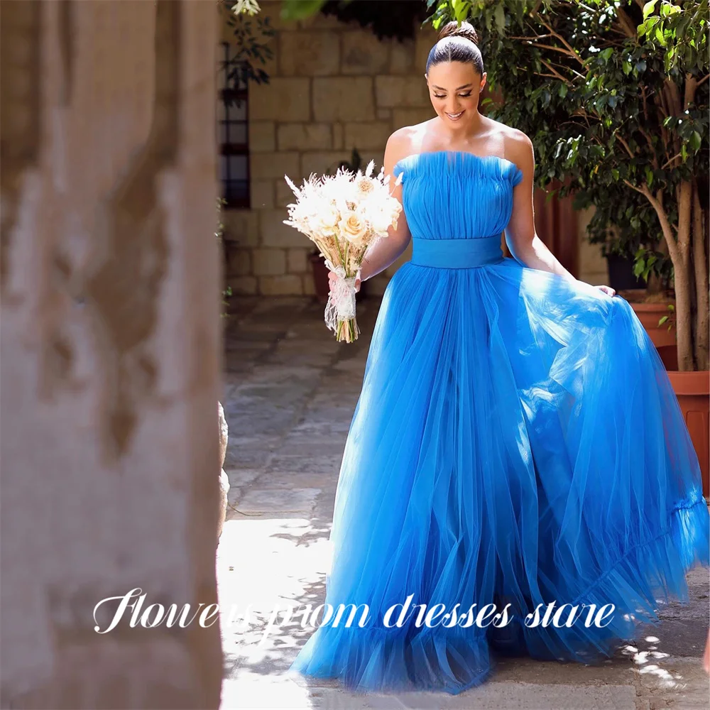 

Flowers Bright Blue Evening Dress Strapless Prom Dresses Ruched Tulle Party Formal Gown Belted robe de bal for Woman Customized