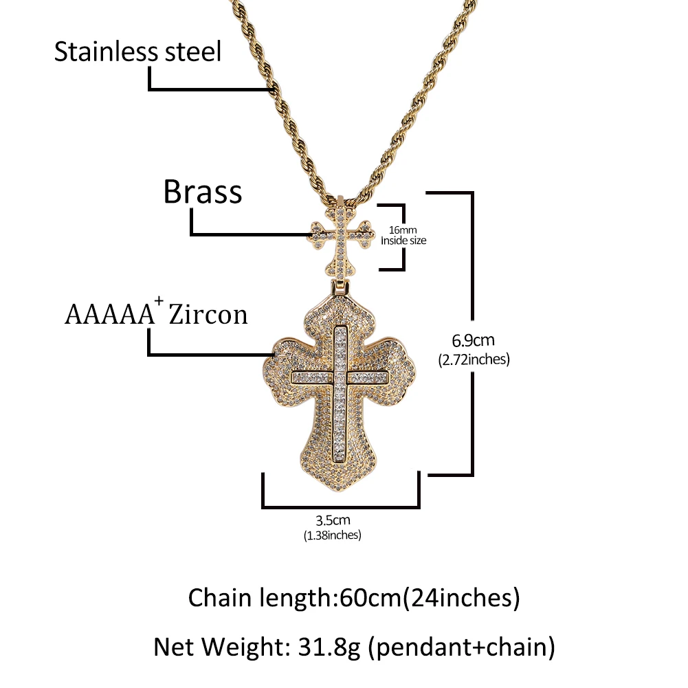 THE BLING KING Iced Double Cross Pendant Necklace For Men Prong Setting Full Paved Cubic Zircon Charms Cool Hip Hop Jewelry