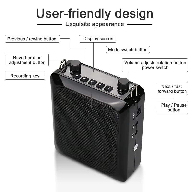 25W Portable Bluetooth Wireless Voice Amplifier for Teacher with UHF Microphone AUX HiFi Recording Mini Echo Audio Speaker