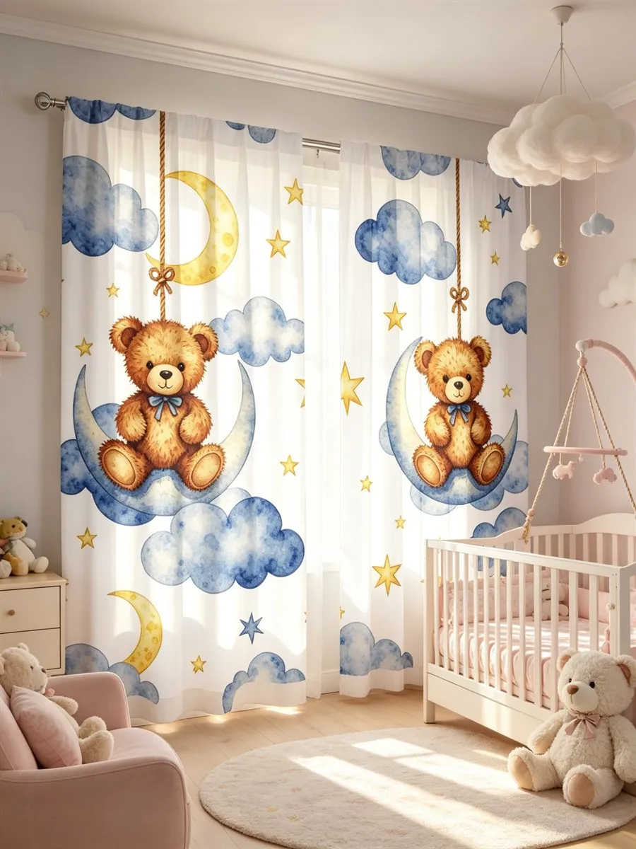 2PCS Cartoon Digital Print Curtains, Teddy Bear Swinging Moon Clouds, Cute Watercolor Kids Style, Baby Nursery Bedroom Decor