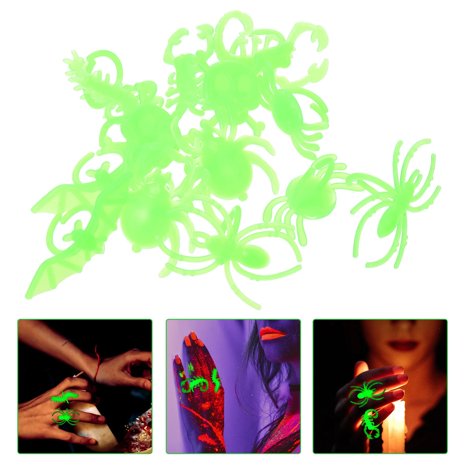 24 Pcs Luminous Insect Ring Halloween Accessories Kids Glow Toys Theme Glowing Insects Rings Plastic Party Gift Decorations