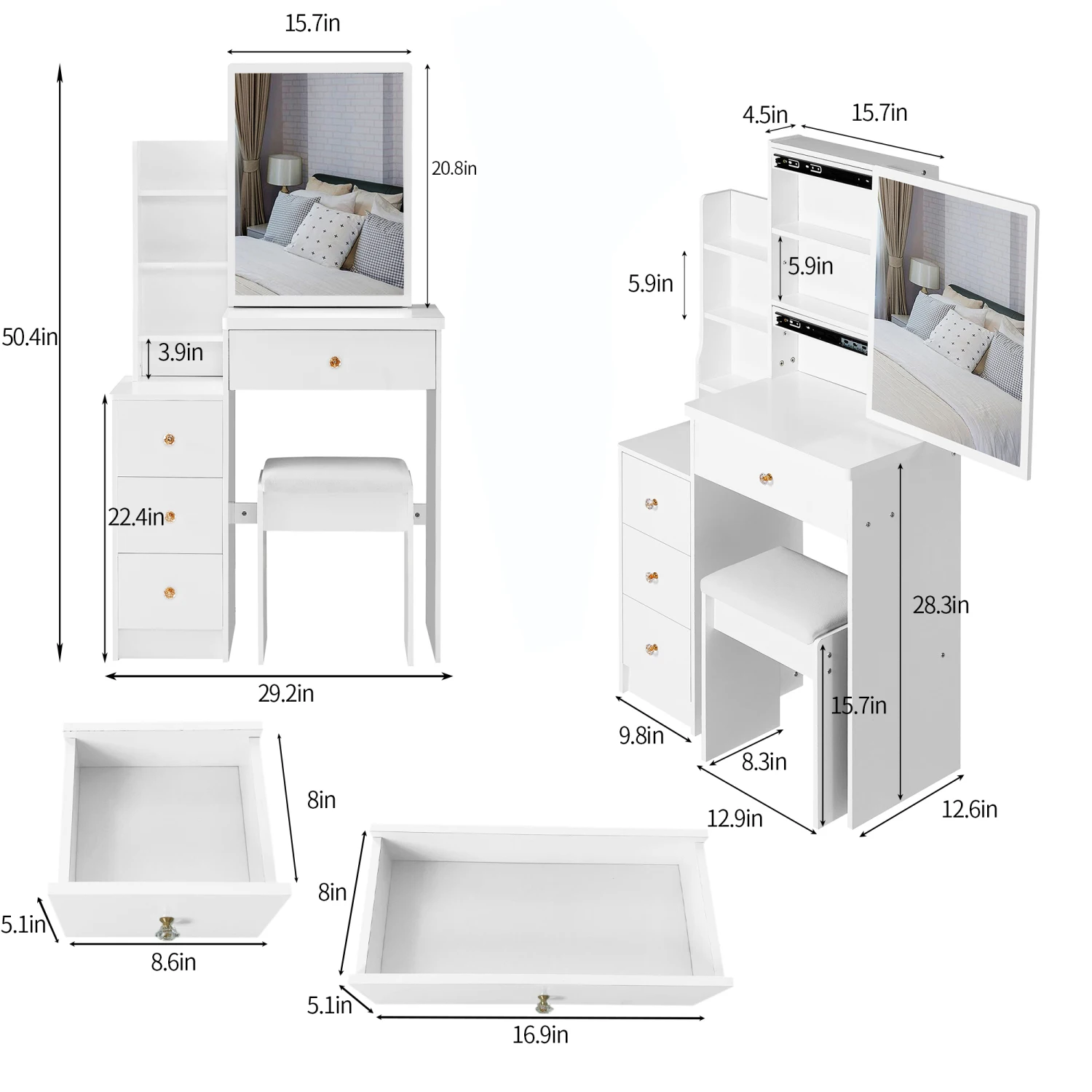 Small Size Left Bedside Cabinet Vanity Table + Cushioned Stool, Extra Large Sliding Mirror, Multi Layer, High Capacity Storage F