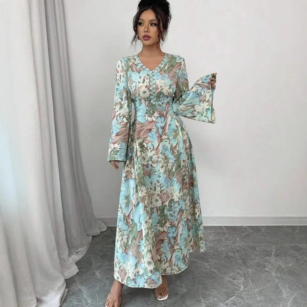 Faionable Bedruckter langer Sve Dr Ele A-Linien-Rock mit hoher Taille V-Ne Summer Commute Sle Chinesischer Hersteller