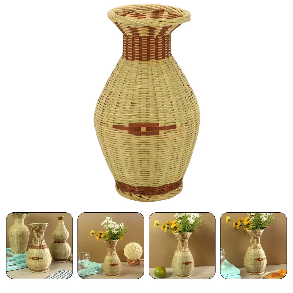 

Bamboo Woven Flower Container Hand Woven Vase Style Decorative Flower Basket for Home Office Portable Vase