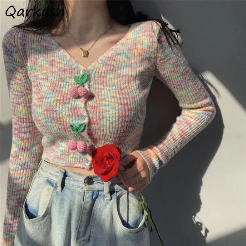 Chic Cherry Pink Cardigan Women V-neck Slim Spring Summer Basic Short New Sweet Students Preppy Ulzzang Streetwear All-match