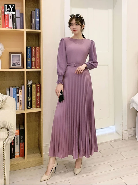 Pleated Maxi Dress Sleeves Solid Pleated Long Maxi Dress Spring Autumn Women Aliexpress