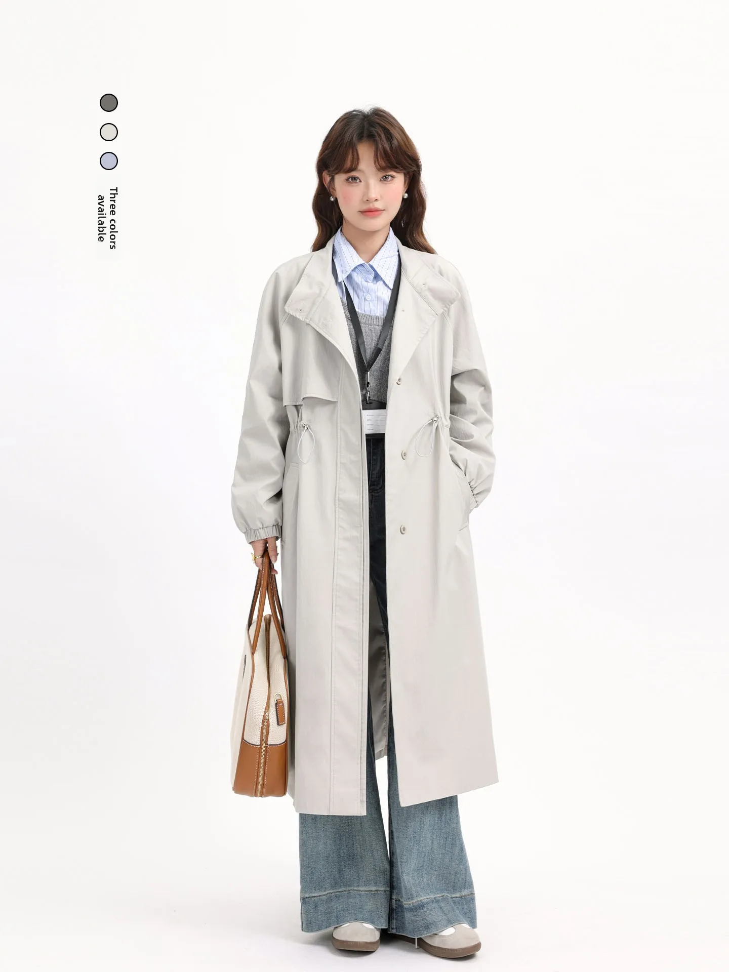 

Korean Sle Faion Early Autumn Casual Long Coat Women's Slimming Waist Dstring Design Straight Tube Coat