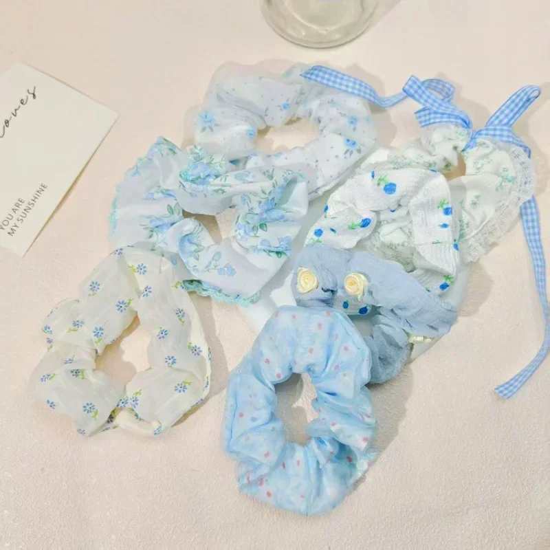 7PCS Sky Blue Lace Fabric Hair Ties And Rings Set for Women Sweet Hair Accessories for Parties Weddings Valentine's Gift