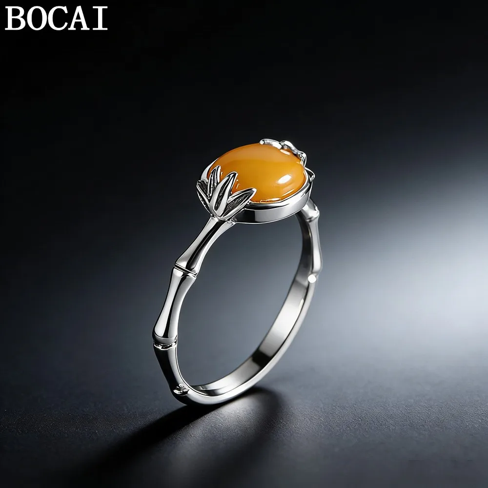 

BOCAI NEW S925 Sterling Silver Vintage Fashion Inlaid With Amber Beeswax Bamboo Leaves And Knots Open Ring Women's Gift