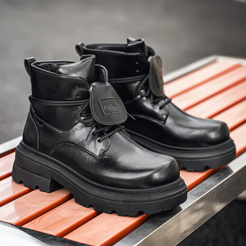 Men Black Leather Ankle Boots Lace Up Thick Lug Sole Square Toe Heightening Casual Fashion Outdoor Platform Short Boots view 3