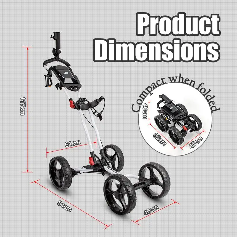 Carrito de empuje de Golf compacto, plegable, 4 ruedas con freno, soporte de taza ajustable, carrito de Golf, carrito de carrito