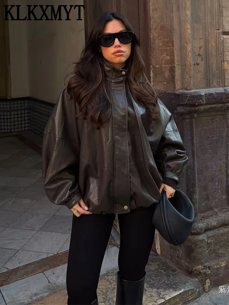 

KLKXMYT Women Jacket Spring 2026 New Fashion Leather Bomber Jackets For Women Long Sleeve Coat High Street Casual New Outerwear