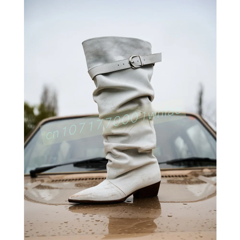 Women Distressed Leather Knee High Boots Pointed Block Low Heel Buckle Strap Fold Over Ruched Cowboy Boots Street Tall Boots
