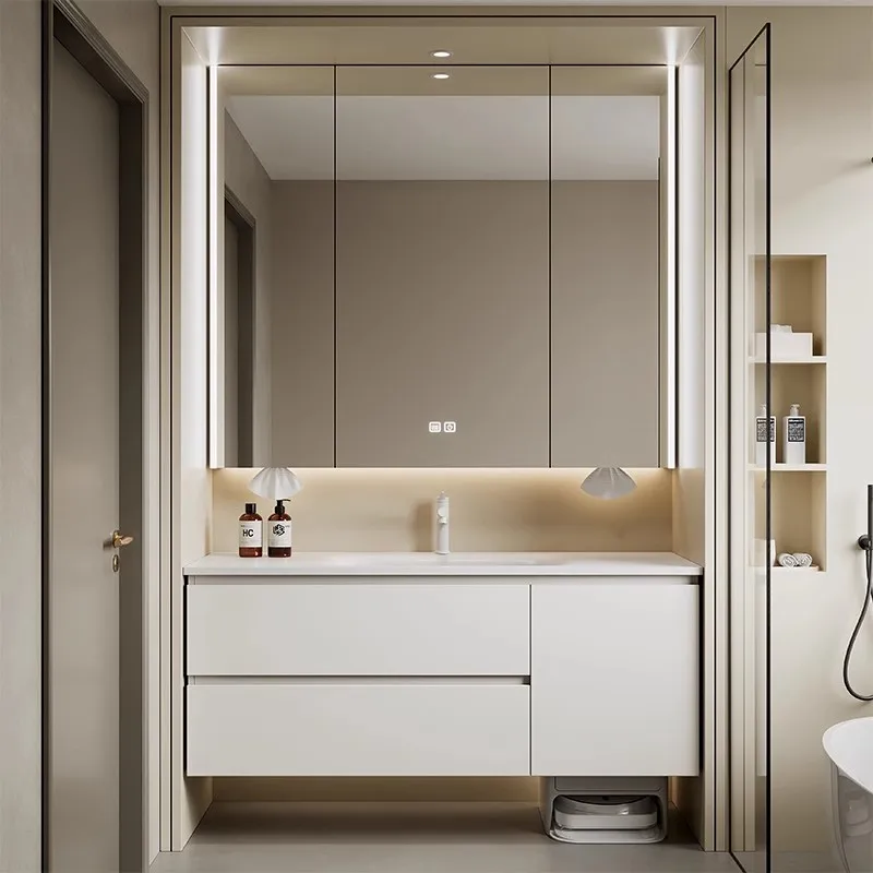 

Cream wind bathroom cabinet combination ceramic integrated basin sweeping robot bathroom wash basin through top heightening