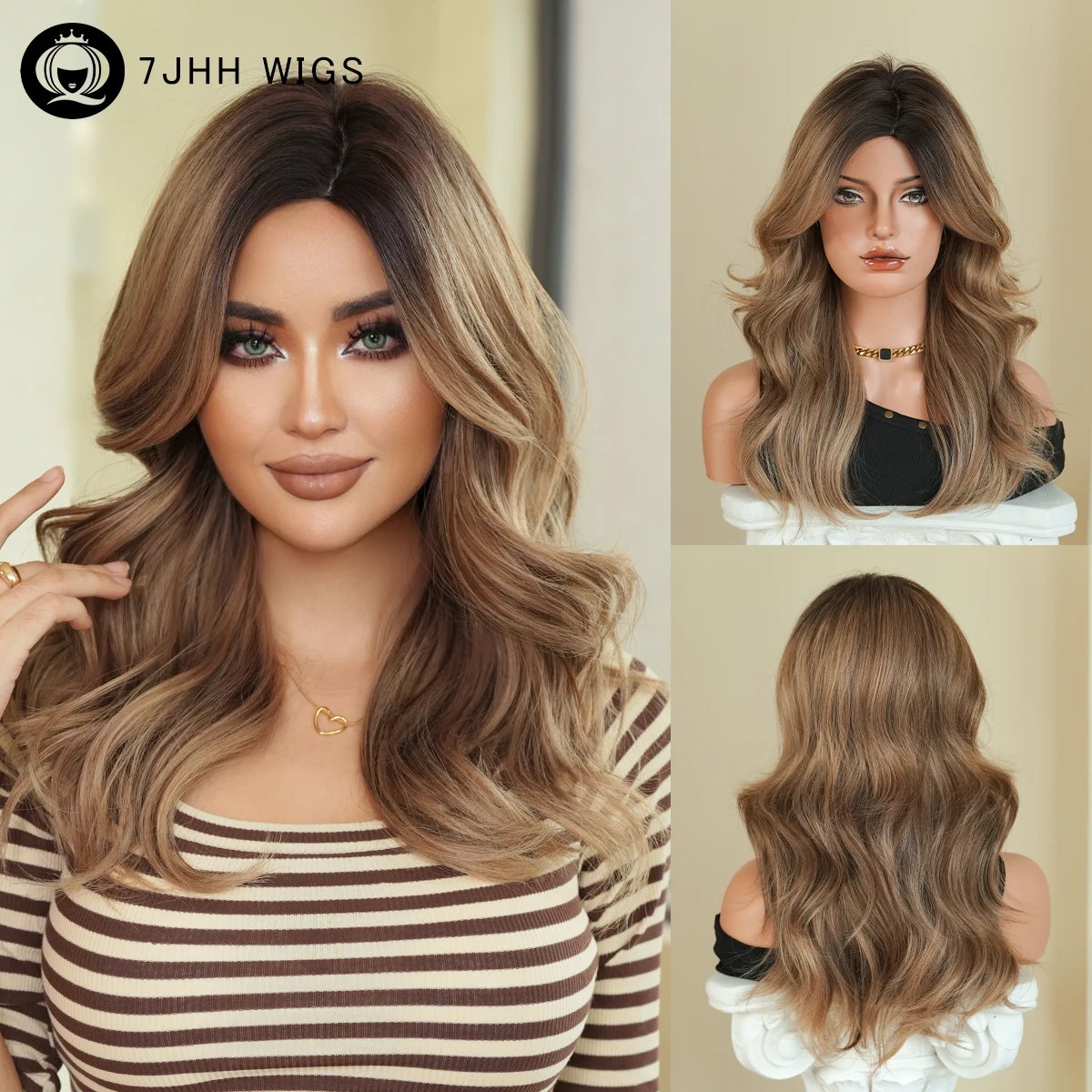 Shoulder Length Straight Golden Brown Wig for Women Modest Fashion Synthetic Side Part Wear and Go Chocolate Wigs with Dark Root
