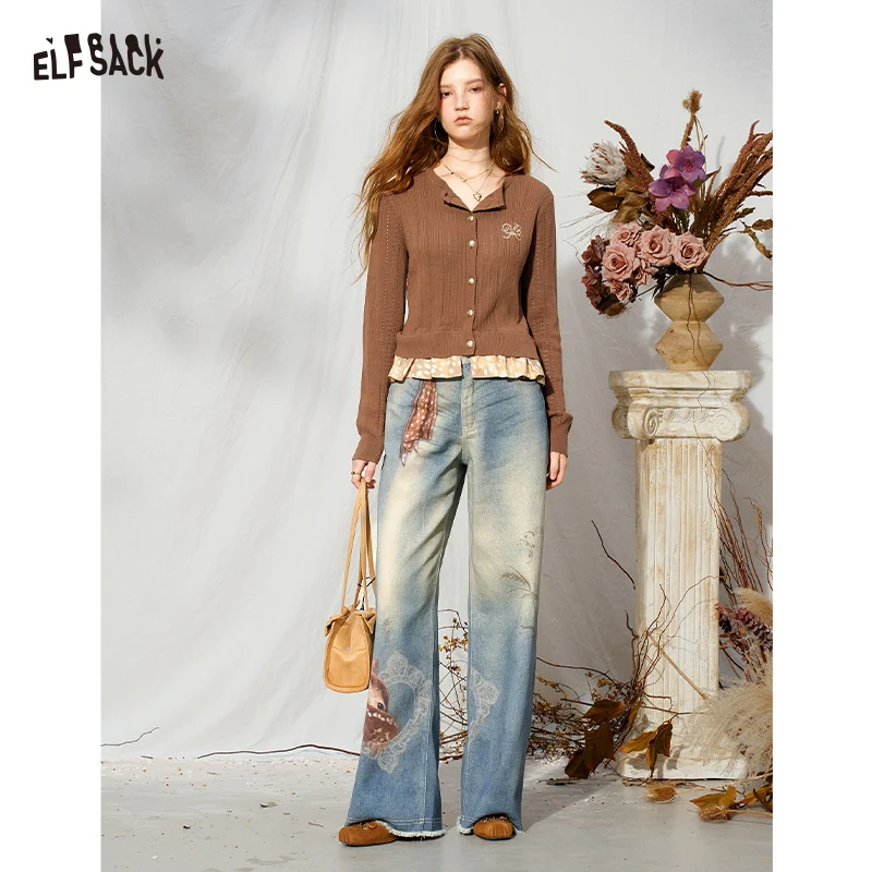 ELFSACK Women's Vintage Wide Leg Jeans with Deer Graphic Print, Casual Loose Fit for Daily Wear