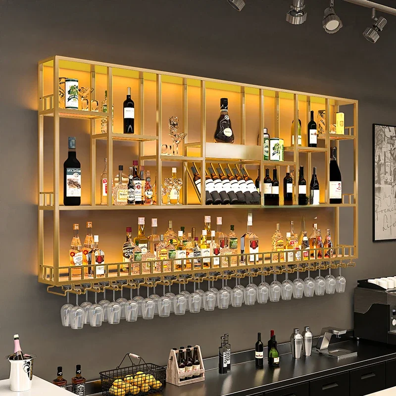 bar counter wine cabinet against the wall, hanging shelves, industrial style bar, wrought iron display stand,