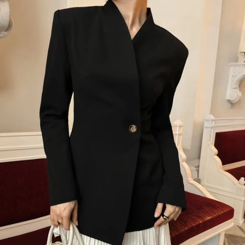 Black Cinched Waist Long-sleeved Small Suit Jacket Women Retro Gentle Style Autumn Winter Design Color-blocking Patchwork Skirt
