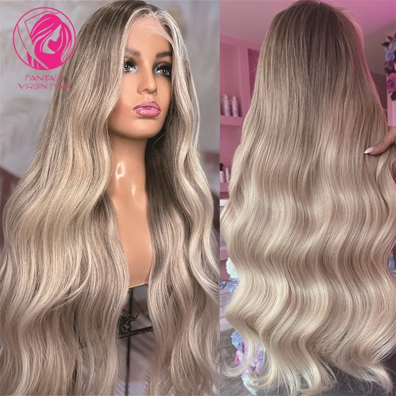 

Remy Hair Slighlity Wavy Full Lace Wig Ash Blonde Ombre Human Hair Wigs for Women Bleached Knots 13x6 HD Lace Frontal Wig 150%