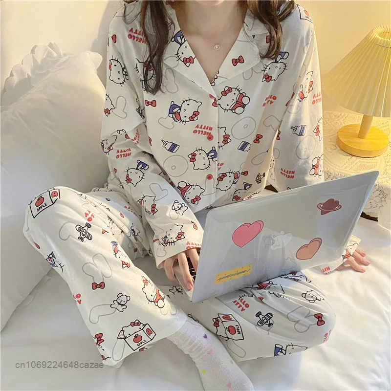 Sanrio Hello Kitty Printed Cute Pajamas Sweet Korean Style Home Wear 2022 New Autumn Long Sleeved Red Cartoon Clothes For Women