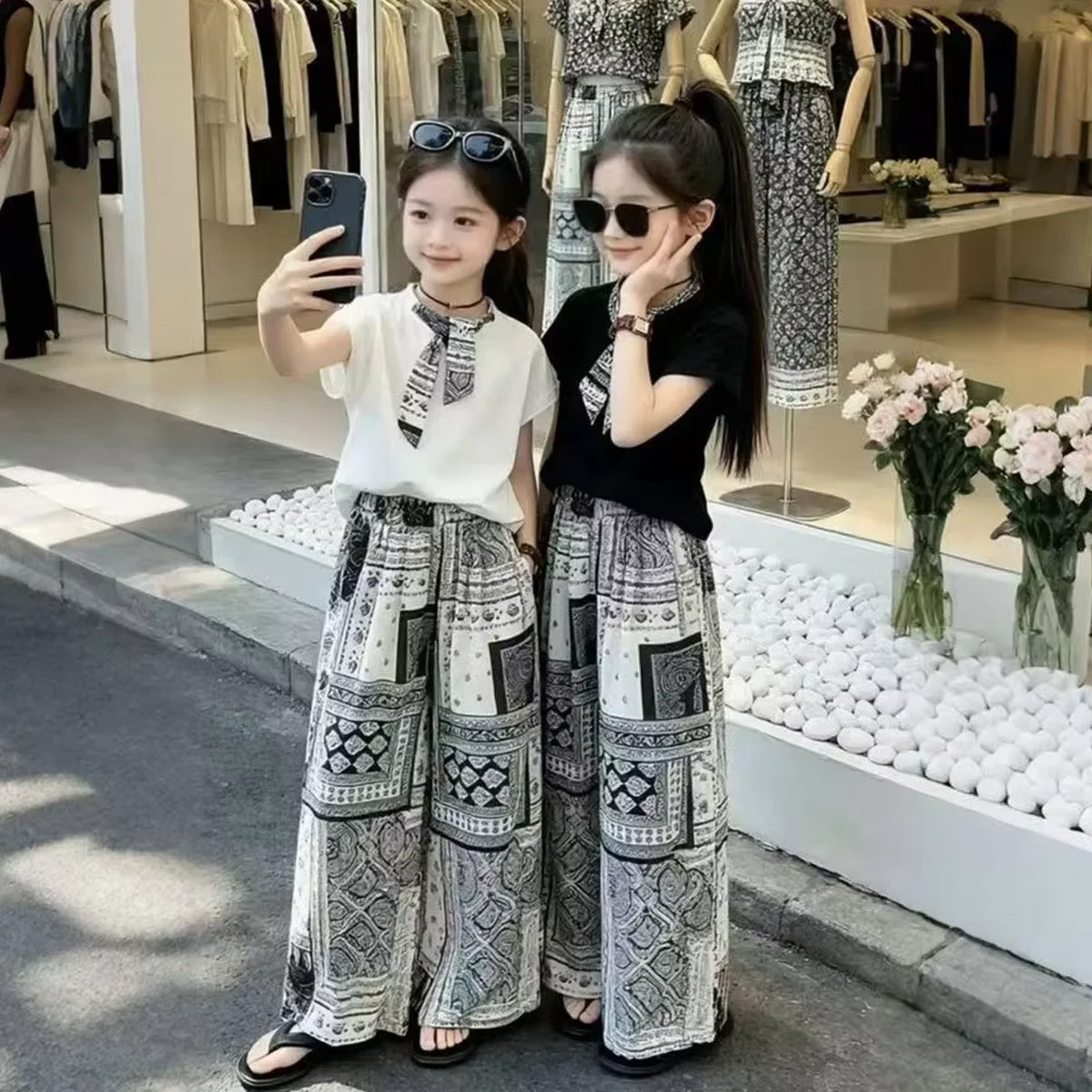 

Girls Summer Outfit New Children's Fashion Short Sleeve T-shirt Wide Leg Pants Casual Two-piece Set 120-170CM