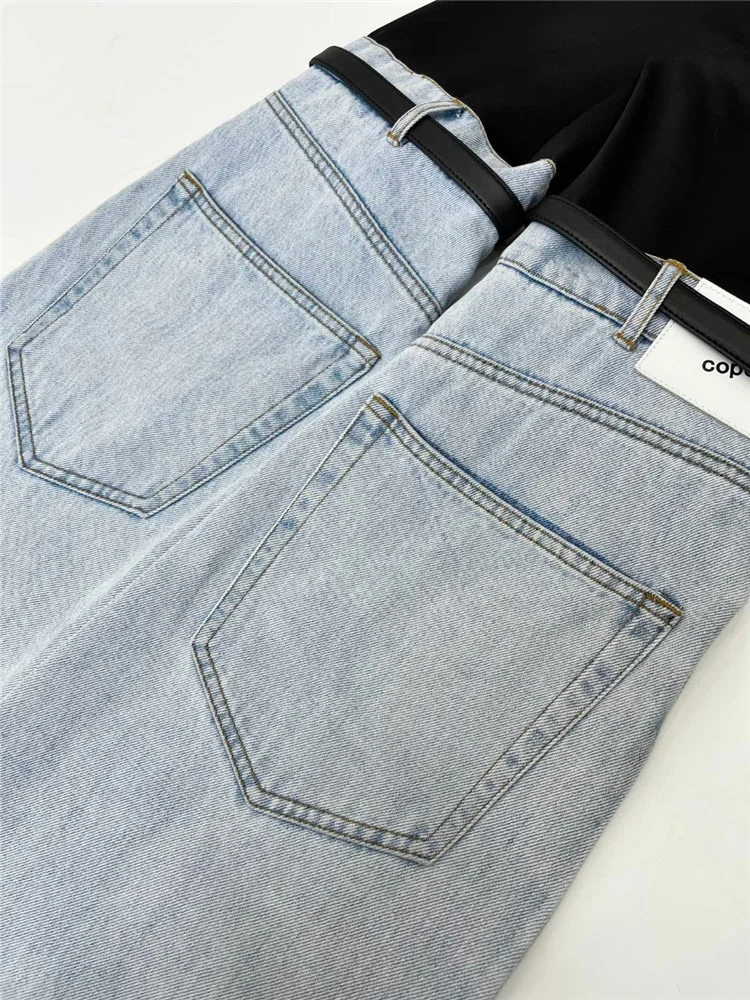 LGRQ 2024 Summer New Fashion Women's Jeans High Waist Straight Patchwork PU Leather Buckle Streetwear Denim Pants Tide 17A2013H