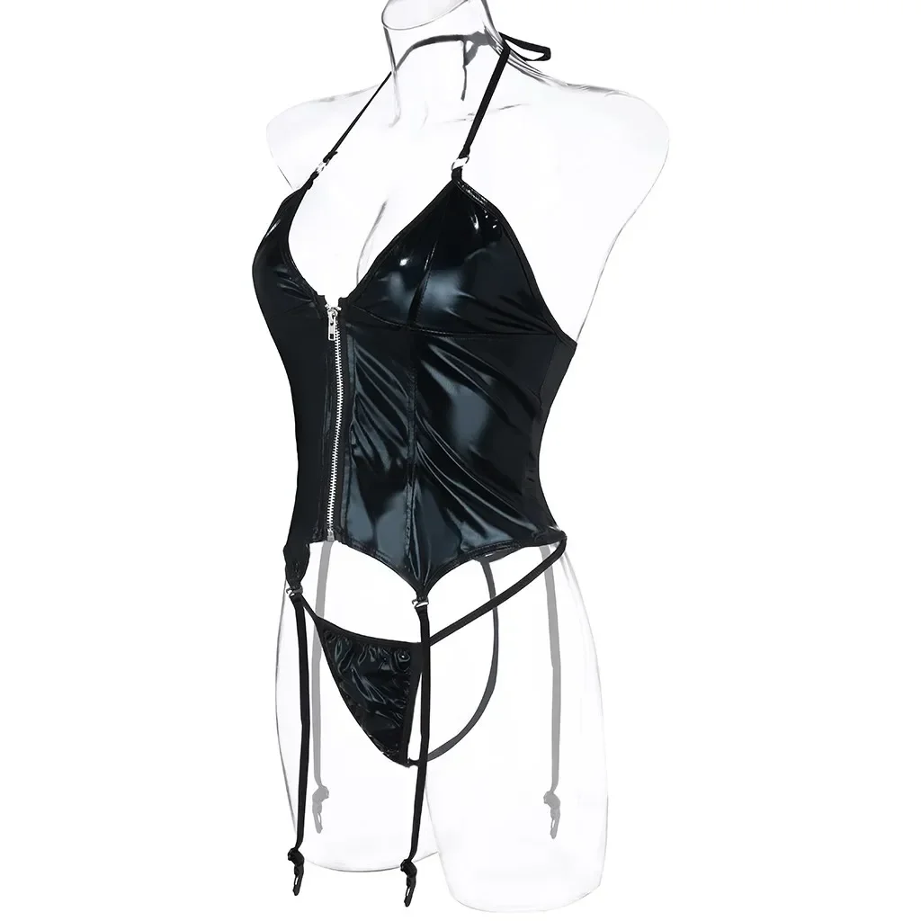 PU Latex หนังเซ็กซี่ชุดชั้นในสตรีเร้าอารมณ์ชุดชั้นในสีดํา Crotchless Halter บอดี้สูทกางเกง Garters Exotic ชุด