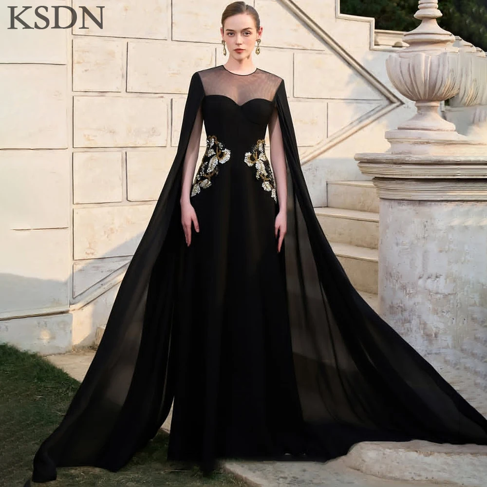 KSDN Black Evening Dresses Elegant O-Neck Cap Long Sleeve Gowns Chapel Train Tulle Appliques Luxury Celebrity Dress