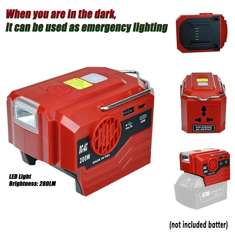 200W Portable Power Inverter For Milwaukee 18V Li-ion Battery, DC To AC 120V/220V Outdoor Power Supply With LED Light