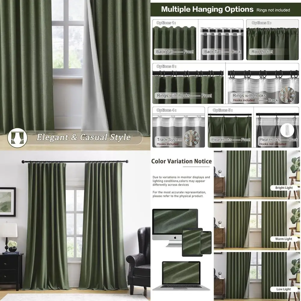 

Плотные шторы из смешанного льна 50x102 дюйма, комплект из 2 панелей со складками на задней панели, готовая к треке, шумоподавление, стиль кантри