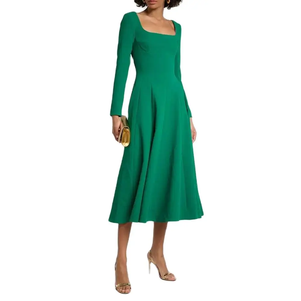 YUNLAN Gorgeous Green Square Neck Long Sleeve Evening Gown 2024 Saudi Arabia Ladies Wedding Guest Formal Midi Dress