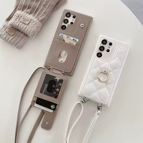 Luxury Lattice Strap Phone Case For Samsung S25 S24 S23 S22 S24FE 21FE 22FE 23FE Note20 A55 M54 Flip Card Slot Ring Holder Cover