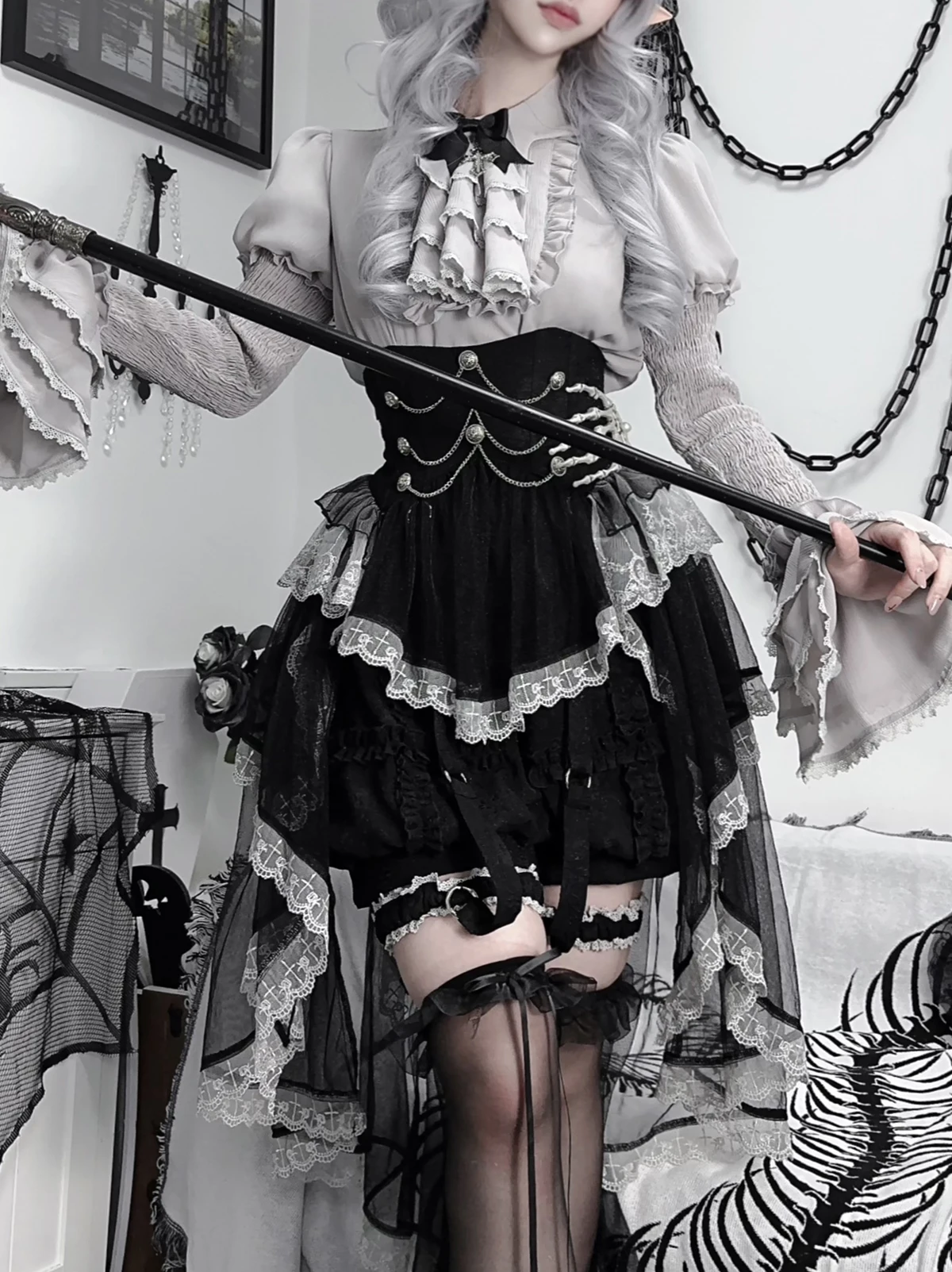 كولفيل الأصلي الظلام خرافة لوليتا الظلام فتاة الهيكل العظمي فستان غير منتظم OP القوطية مجموعة فستان