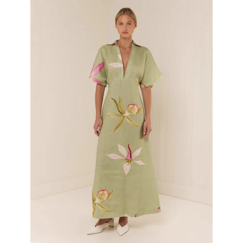 

European and American Linen Printed Casual V-Neck Dress