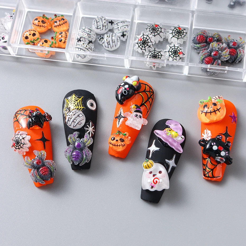 12 grades bonito assustador fantasma abóbora decorações da arte do prego aranha morcego halloween design gótico arte do prego jóias acessórios de manicure