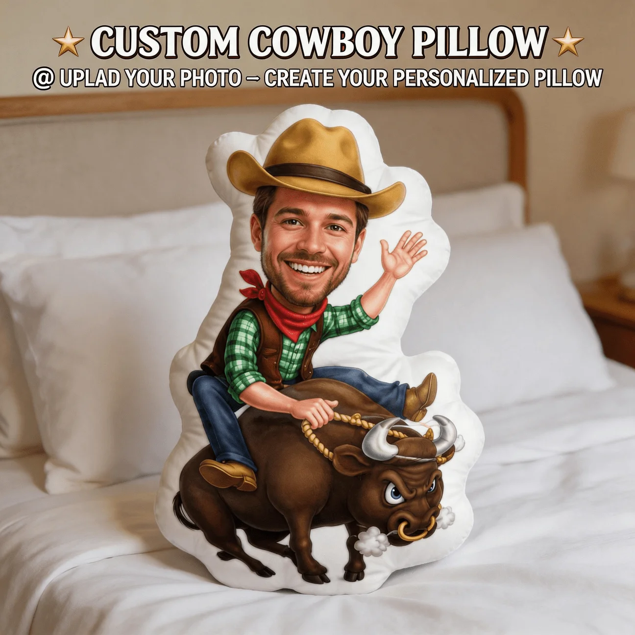Custom Photo Cowboy Style Shaped Pillow, Personalized Face Riding Bull Decorative Cushion, Unique Home Decor Accent for Sofa & B