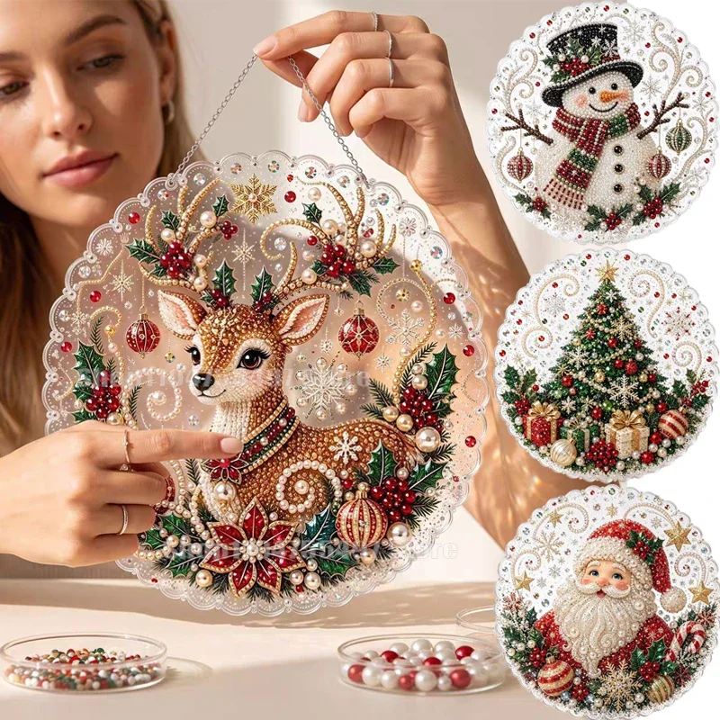 20X20CM Diamond Painting 3d Mixed-sized Pearl Beads Christmas Pearl Suncatcher Kit For Diy Craft Metal Chain Festive Wall Decor