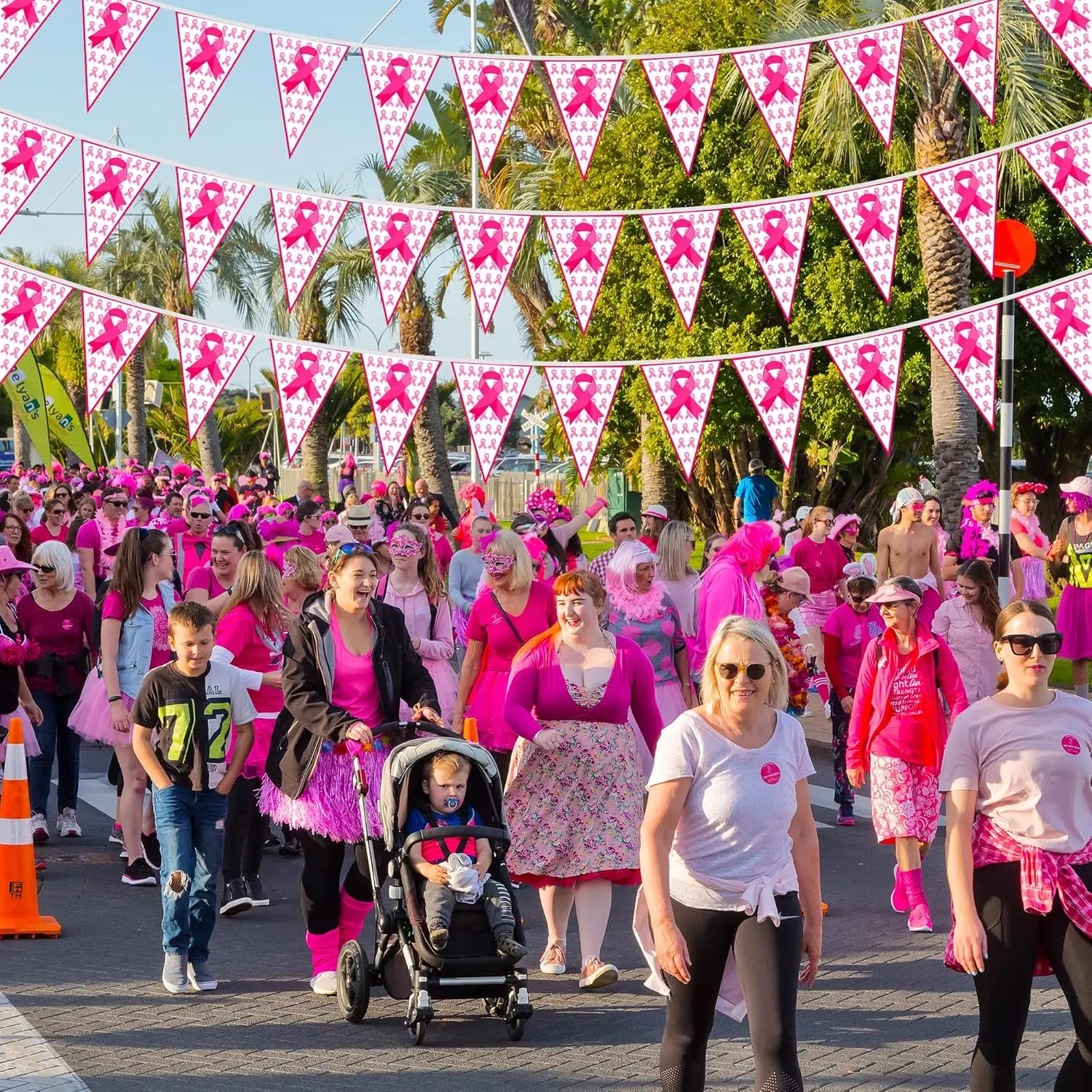 100 Fuß rosa Bandbanner – 60 Stück Brustkrebs-Bewusstseins-Wimpelflaggen, vormontierte Dekoration für Partywand im Innen- und Außenbereich – Detail 6