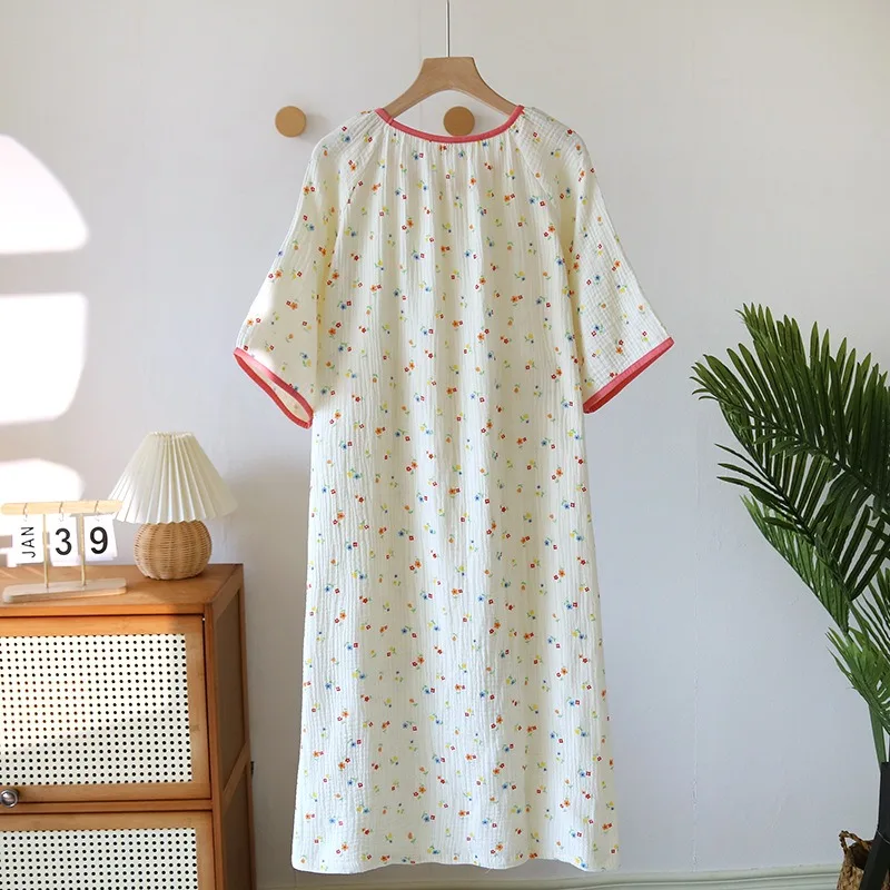 2024 Summer New Women Pajamas 100% Cotton Women Nightdress Round Neck Dress For Women NightWear Home Sleepdress Round Neck