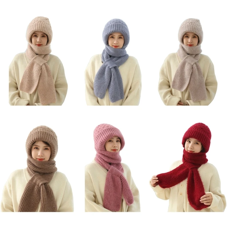 Y166 2-in1 Soft Warm Scarf Crochet Hooded Scarf Hat for Skiing Hiking Universal Lady Windproof Shawl Hat with Neck Covers