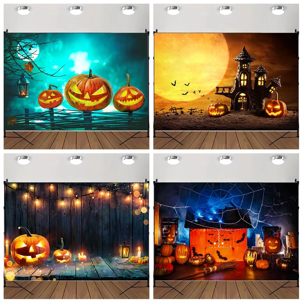 

MOON.QG Halloween Cemetery Backdrop Pumpkin Lanterns Spider Webs Background Photozone Photocall Decoration Shooting Portrait