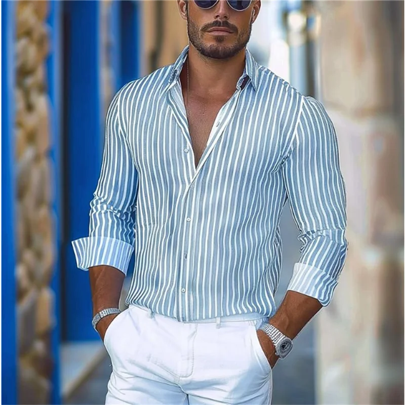 

Striped Men's Business Casual 3D Printed Shirt Street Daily Wear Spring And Summer Lapel Long-Sleeved 3XL Stretch Fabric Shirt