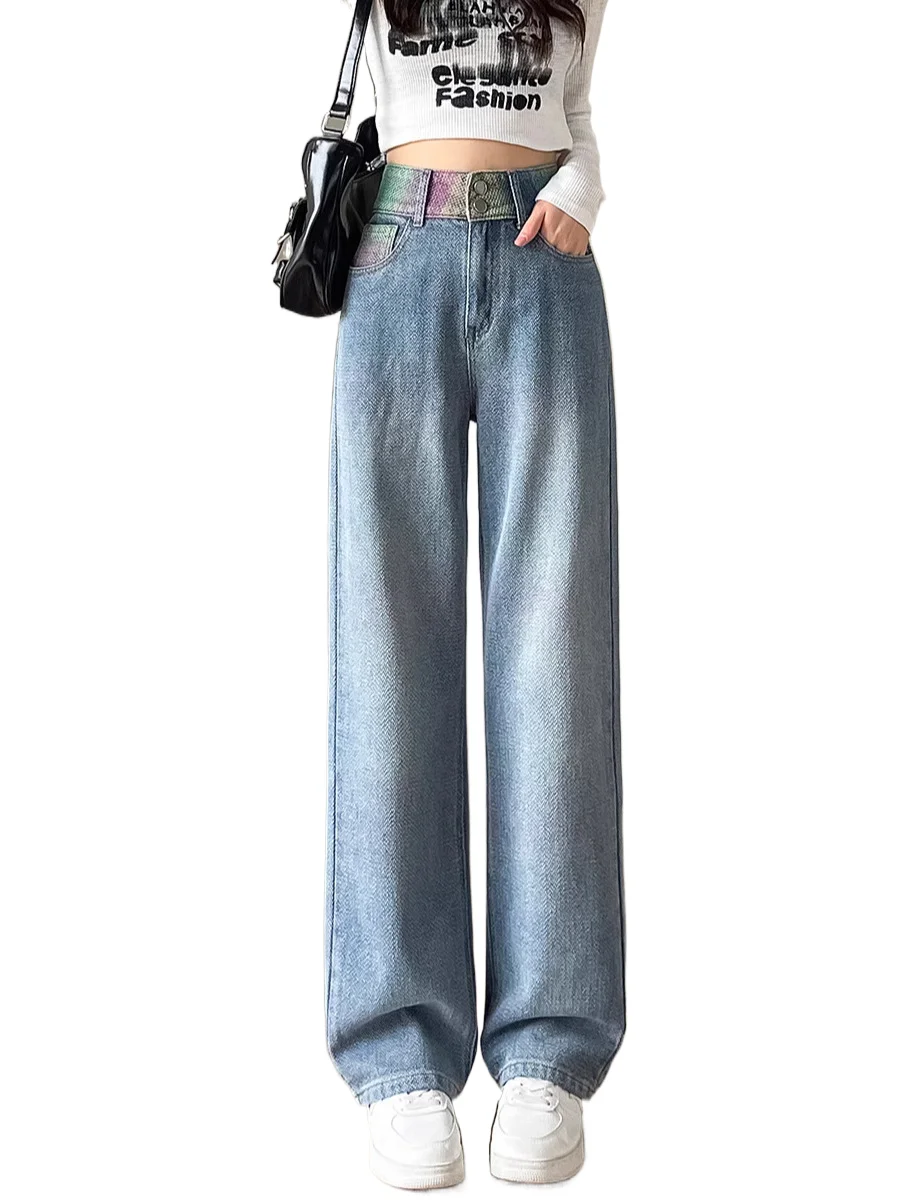 

Уличные модные джинсовые прямые брюки цвета заклинания, новые женские весенне-летние мешковатые лоскутные широкие джинсы с высокой талией