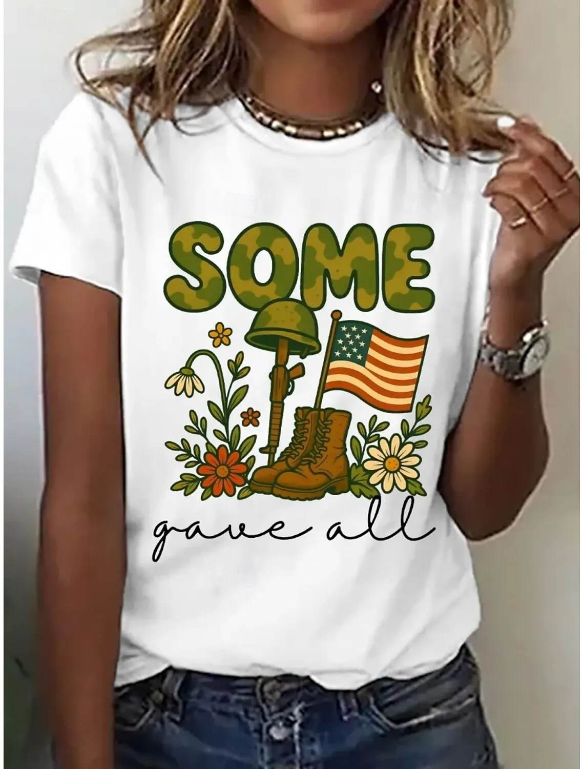 Women's Spring Summer 3D Printed Crew Neck T Shirt, Camo Letter US Flag Veteran Memorial Floral Retro Graphic Top