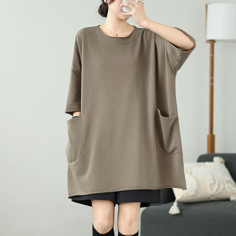 เสื้อยืดผู้หญิงทรงหลวม แขนสั้น ผ้าคอตตอนผสม ใส่สบาย ซ่อนสะโพก ไซส์ใหญ่ สำหรับฤดูร้อน