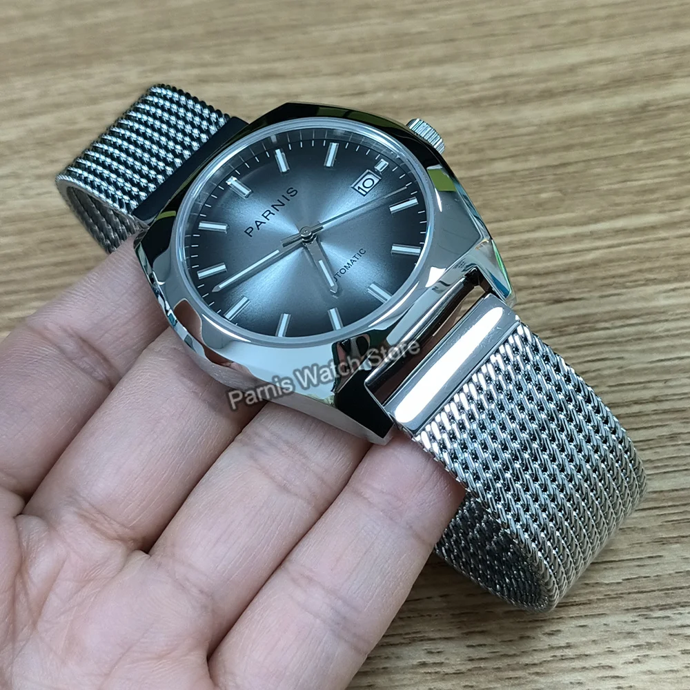 Parnis 40mm Men\'s Watch NH35 Automatic Black Gray Gradient Color Dial Sapphire Crystal Stainless Steel Case